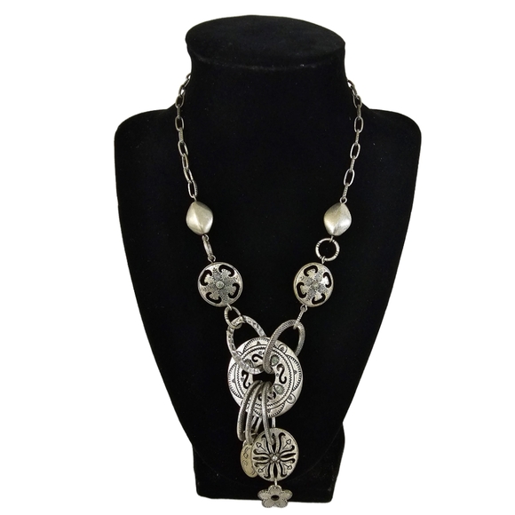 Vintage Boho Jeweled Medallion Silver Charm Necklace 17 Inch w/ 4 inch ext. - Picture 1 of 3